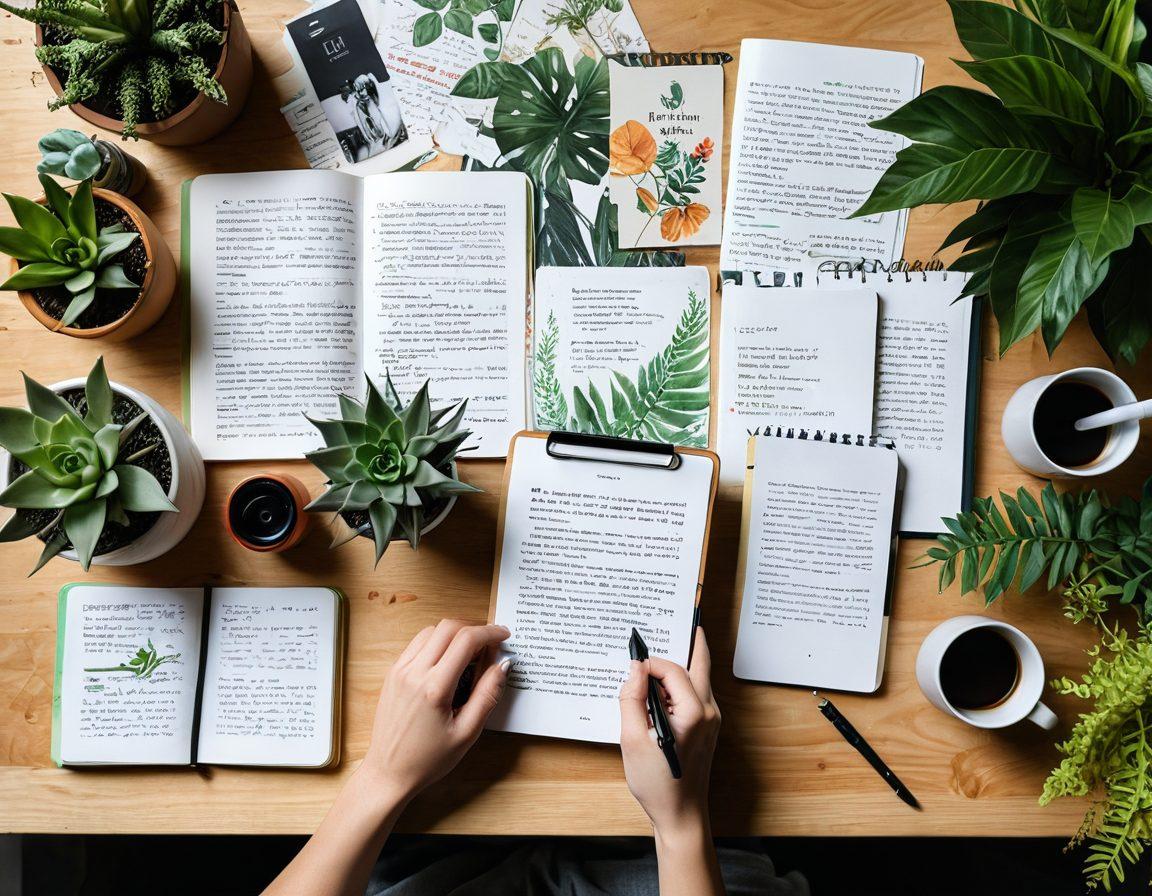 A vibrant collage representing various forms of personal narratives: an open digital journal with typed entries, a cozy room scene with someone writing in a notebook, and a smartphone displaying influencer posts. Incorporate elements like colorful pens, plants, and inspirational quotes in the background, depicting creativity and self-expression. super-realistic. vibrant colors. warm atmosphere.