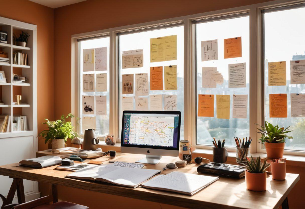 A vibrant, modern workspace filled with cozy elements, featuring a person engaged in writing reviews, surrounded by lifestyle products like fitness gear, books, and tech gadgets. A large window with sunlight streaming in, illuminated notepad and laptop suggest creativity in action. Behind the person, a wall filled with pinned reviews and vibrant charts reflects trending topics. Artistic, warm colors and a dynamic composition to evoke creativity and engagement. super-realistic. modern design. vibrant colors.