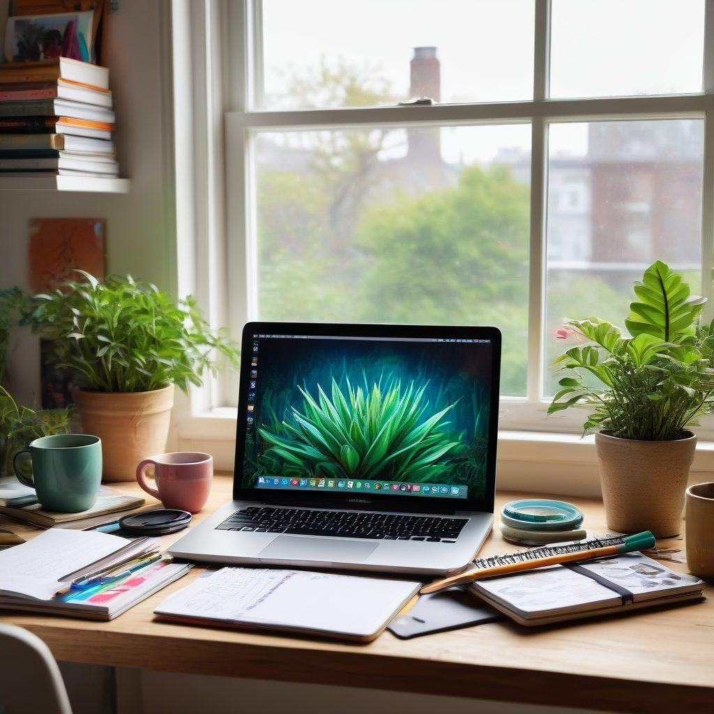 A vibrant workspace filled with colorful notebooks, an open laptop displaying a blogging interface, and artistic tools like paintbrushes and pencils scattered around. A soft light spills in from a large window, casting shadows on inspirational quotes pinned on a corkboard. In the background, a plant adds life to the setting, and a steaming cup of coffee sits invitingly beside the laptop. The composition conveys energy, creativity, and inspiration. super-realistic. vibrant colors. cozy atmosphere.